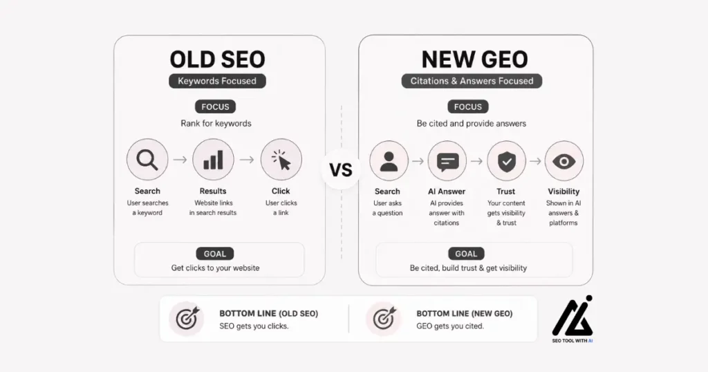 A clear infographic diagram comparing traditional search engine optimization with generative engine optimization models