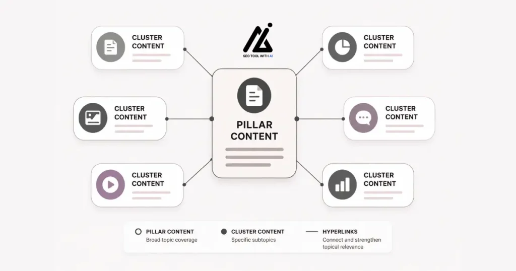 A visual hub and spoke content cluster model showing a main pillar page connected to shorter spoke articles for topical authority